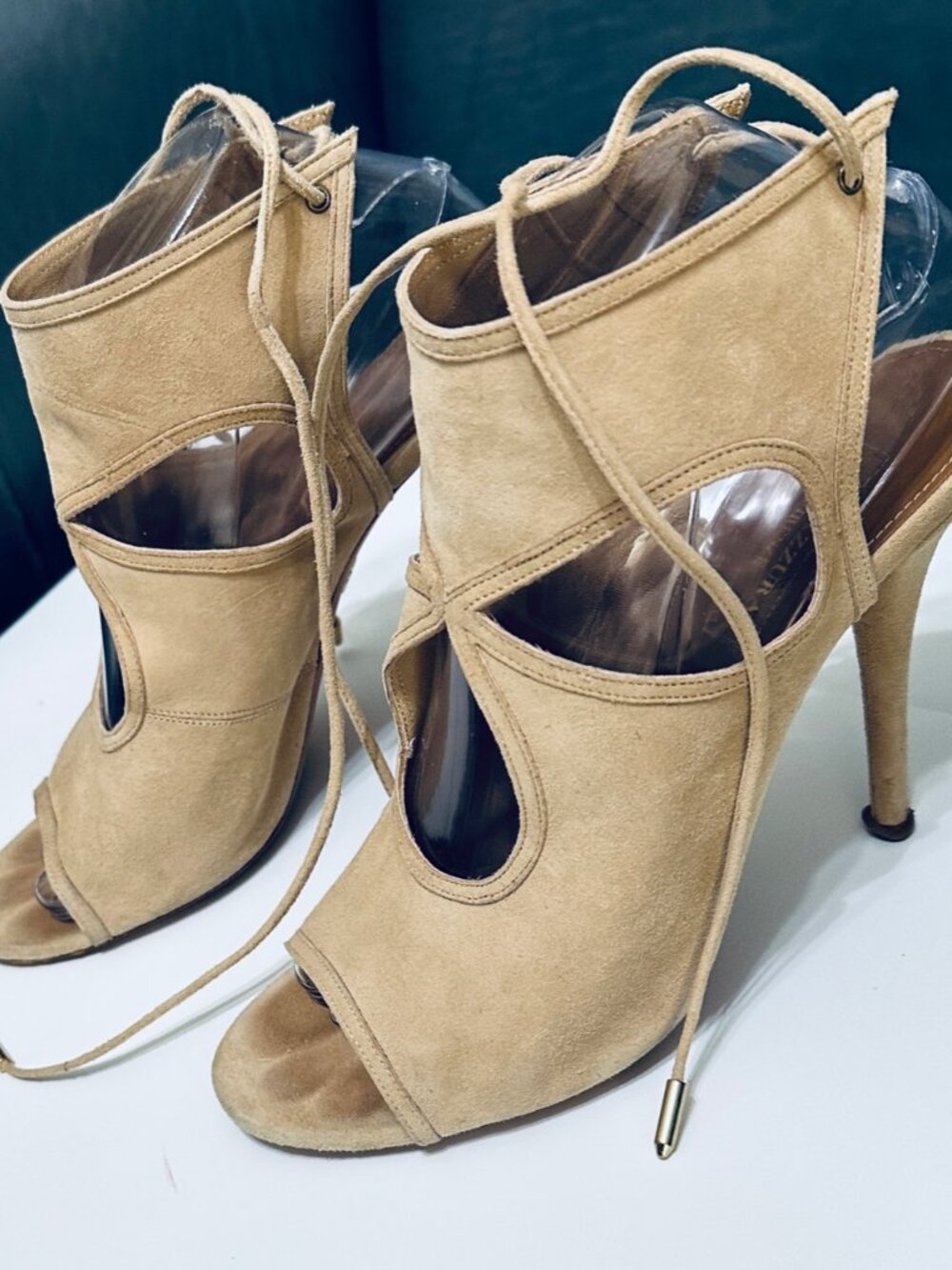 AQUAZZURA Sexy Thing Suede Tie Back Stiletto Pumps Booties US 8/EU 38.5